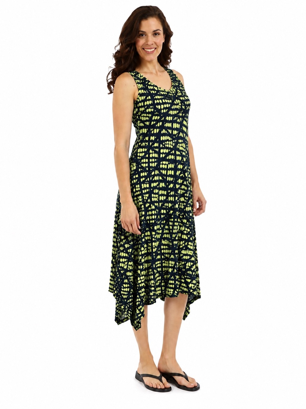 DKR Apparel Long V-Neck Asymmetrical Dress-Lime/Navy Print